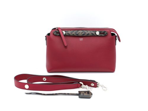 Fendi 8BL1245 By The Way Regular Zucca FF/ Red Leather Medium Boston Bag with Strap