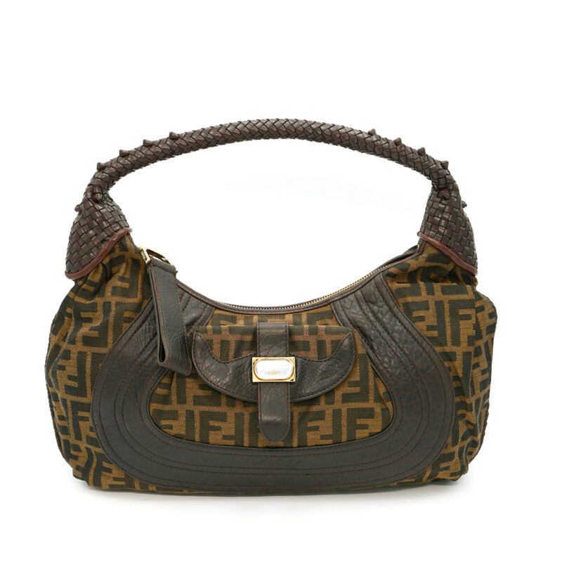 Fendi 8BR036 Zucca FF Monogram Canvas Media Tube Hobo Bag