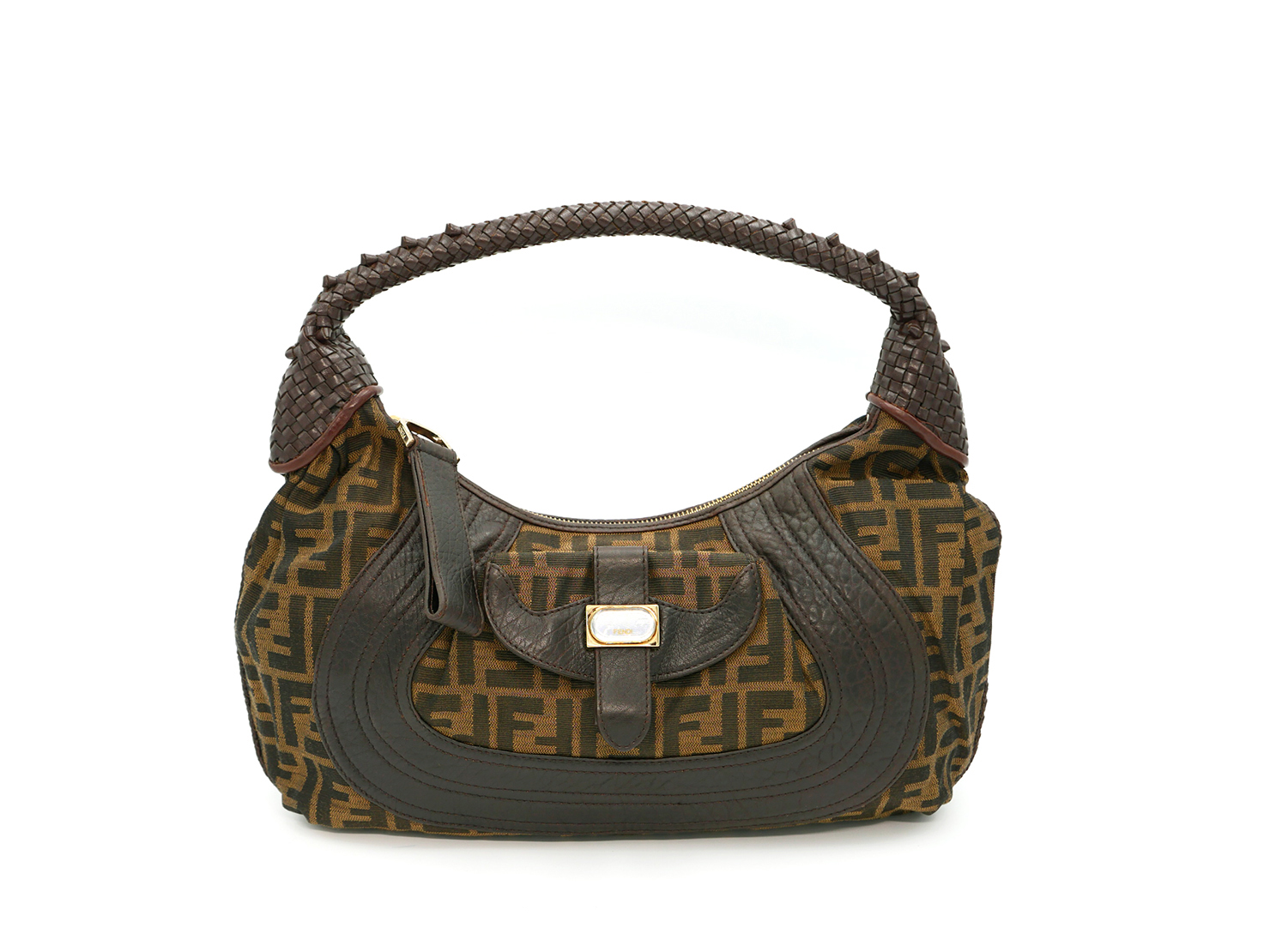 Fendi 8BR036 Zucca FF Monogram Canvas Media Tube Hobo Bag
