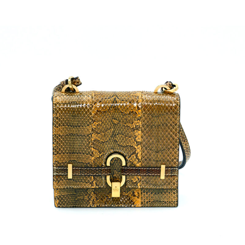 Gucci 005-0802-2684 Cognac Brown Snakeskin Leather Mini Flap Shoulder Bag
