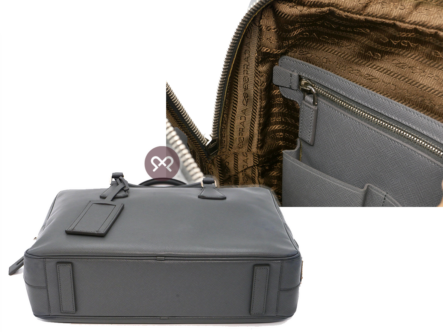 Prada Grey Saffiano Leather Zip-Top Briefcase Luggage Business Bag - Image 4