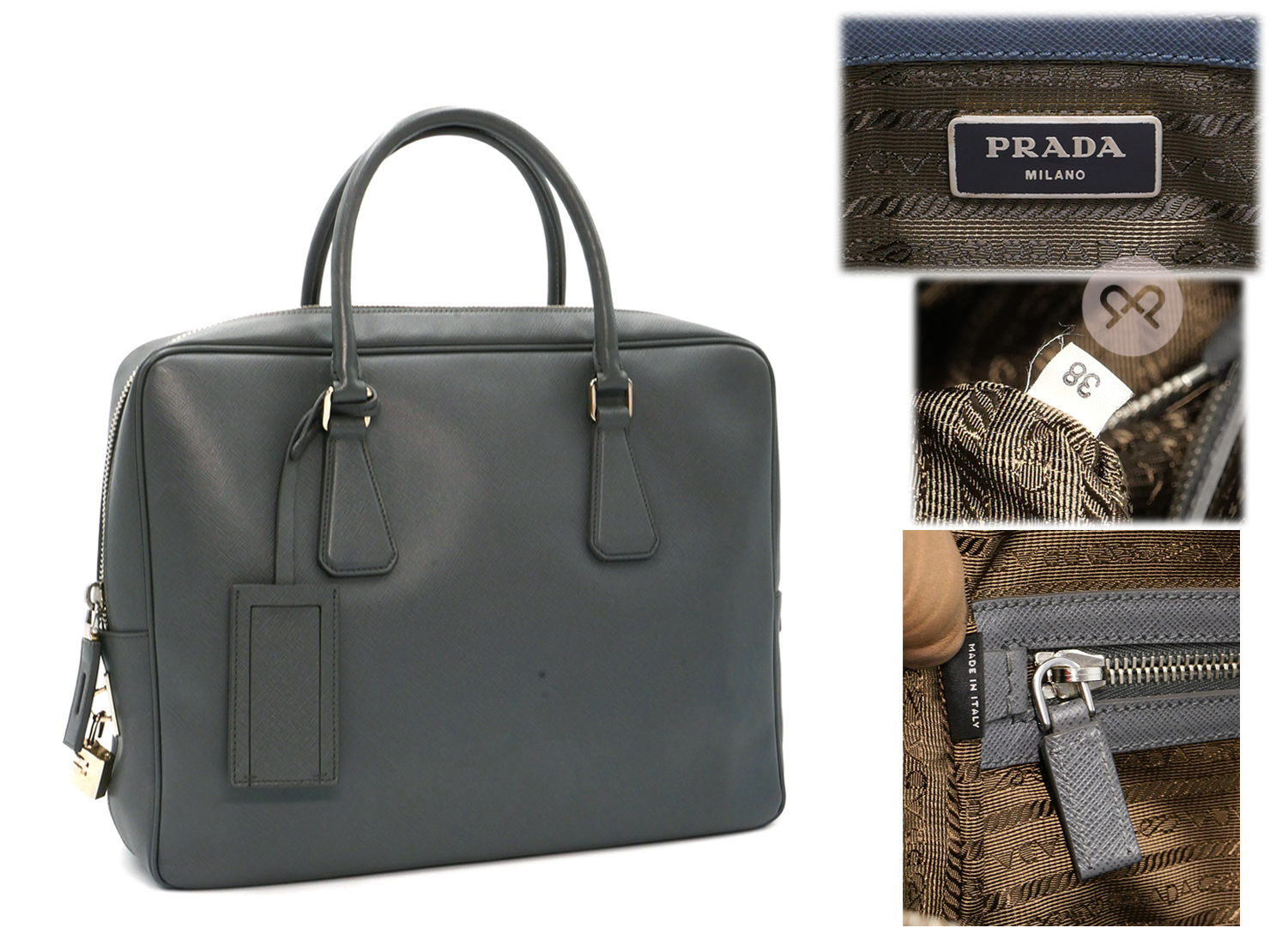 Prada Grey Saffiano Leather Zip-Top Briefcase Luggage Business Bag - Image 2