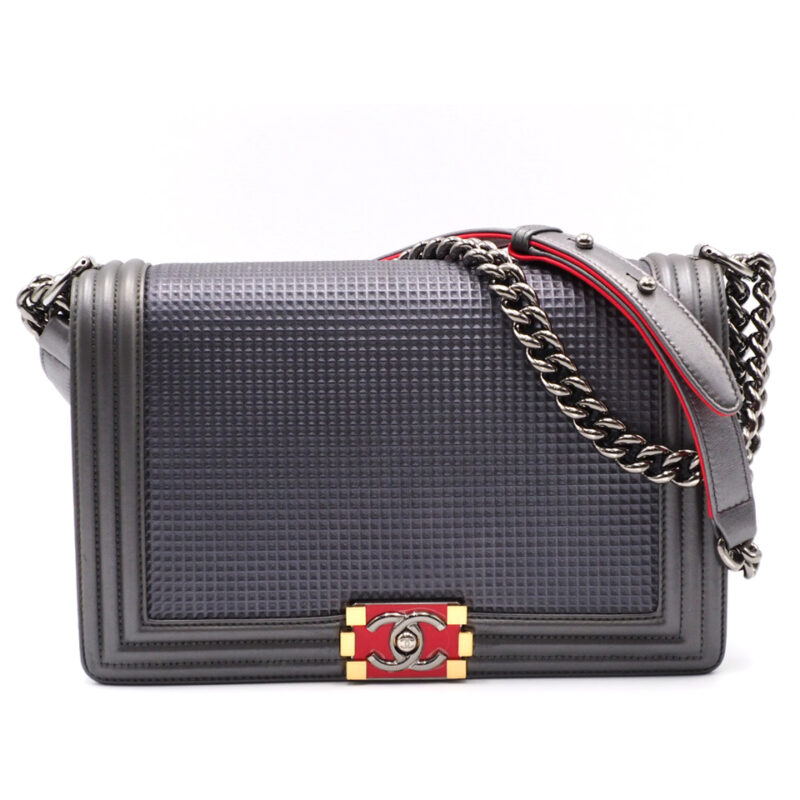 Chanel Boy Old Medium 18900267 Silver Grey/ Red Lambskin A92096 28cm Silver/ Gold Hardware