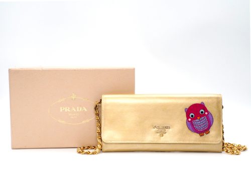 Prada Metallic Gold/ Platino Limited Edition Saffiano Leather Chain Wallet with Owl Sticker