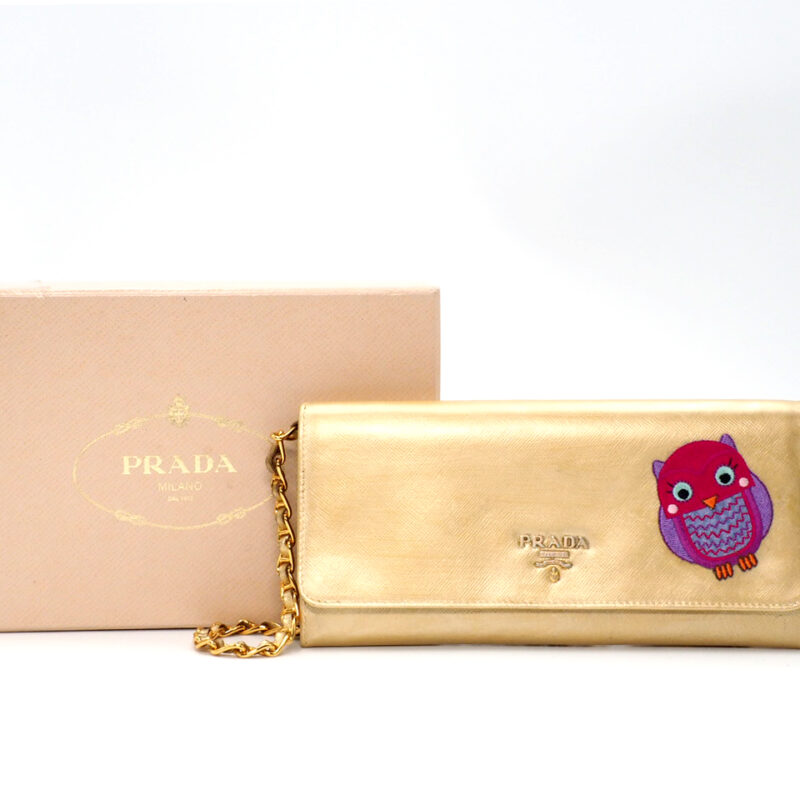 Prada Metallic Gold/ Platino Limited Edition Saffiano Leather Chain Wallet with Owl Sticker