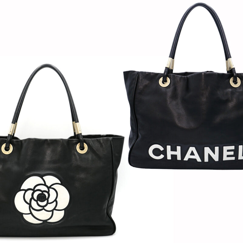 Chanel Black Lambskin CHANEL Logo/ Camellia Shopping Tote Antiqued Gold Hardware
