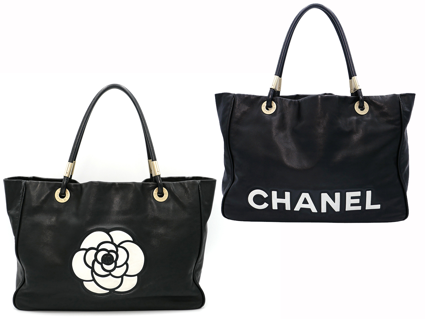 Chanel Black Lambskin CHANEL Logo/ Camellia Shopping Tote Antiqued Gold Hardware