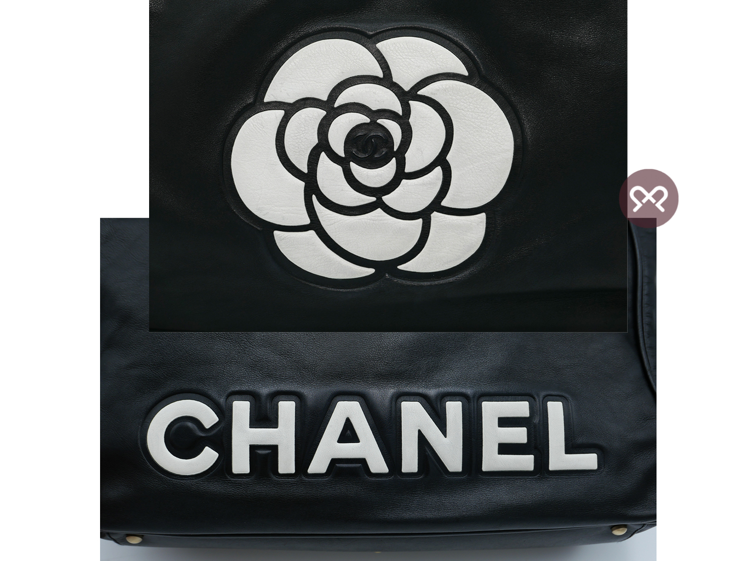 Chanel Black Lambskin CHANEL Logo/ Camellia Shopping Tote Antiqued Gold Hardware - Image 5