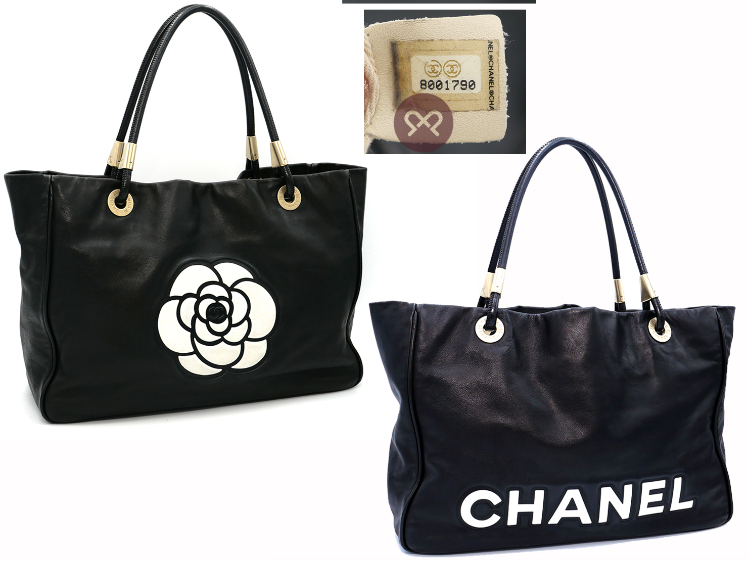 Chanel Black Lambskin CHANEL Logo/ Camellia Shopping Tote Antiqued Gold Hardware - Image 2