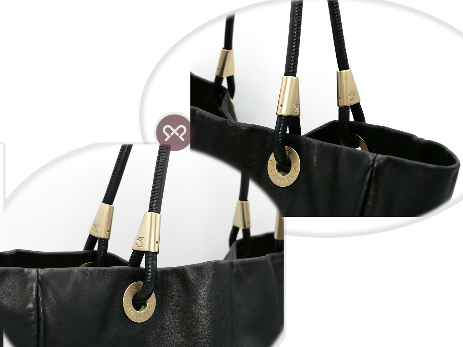 Chanel Black Lambskin CHANEL Logo/ Camellia Shopping Tote Antiqued Gold Hardware - Image 6