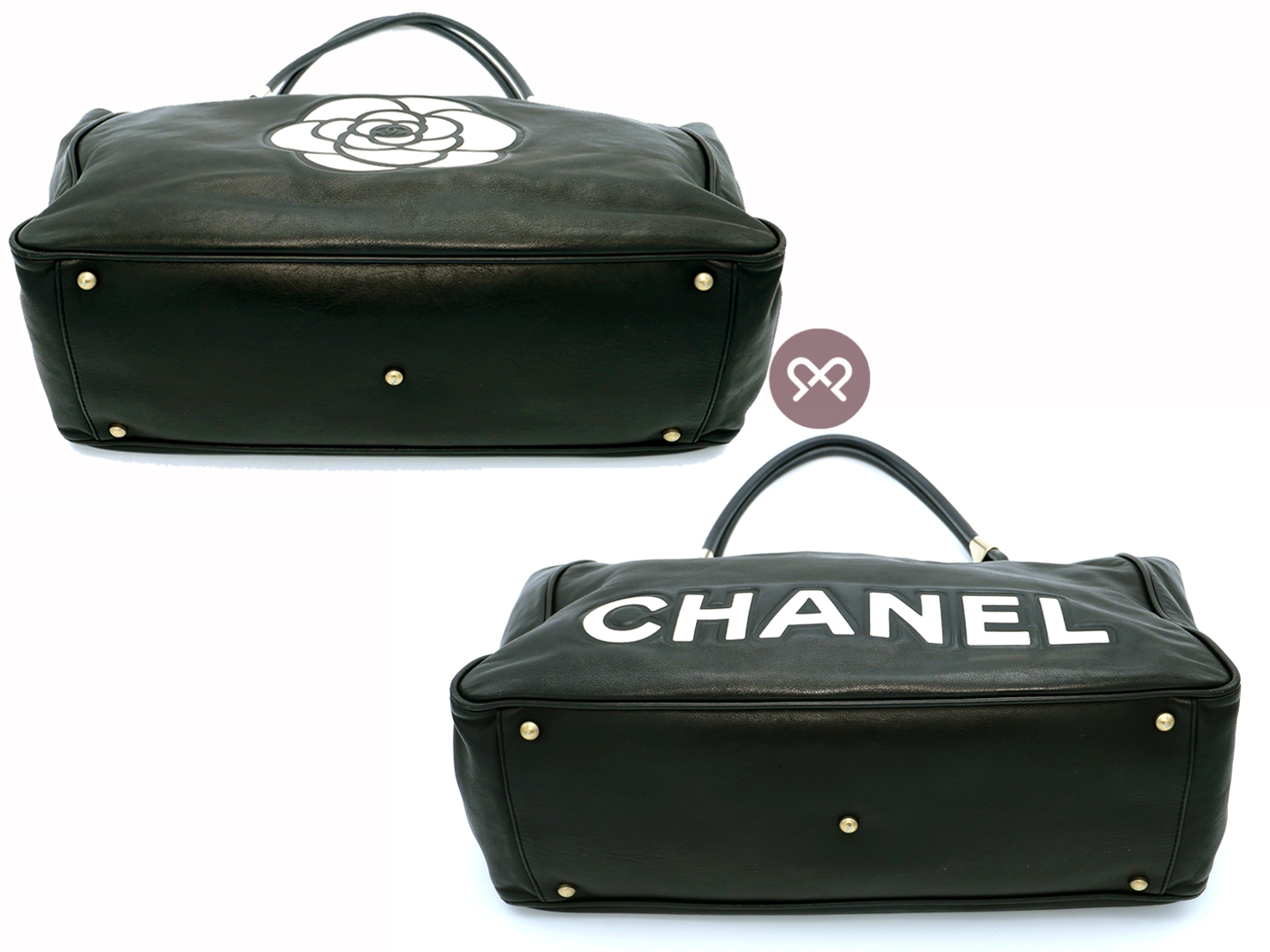 Chanel Black Lambskin CHANEL Logo/ Camellia Shopping Tote Antiqued Gold Hardware - Image 3