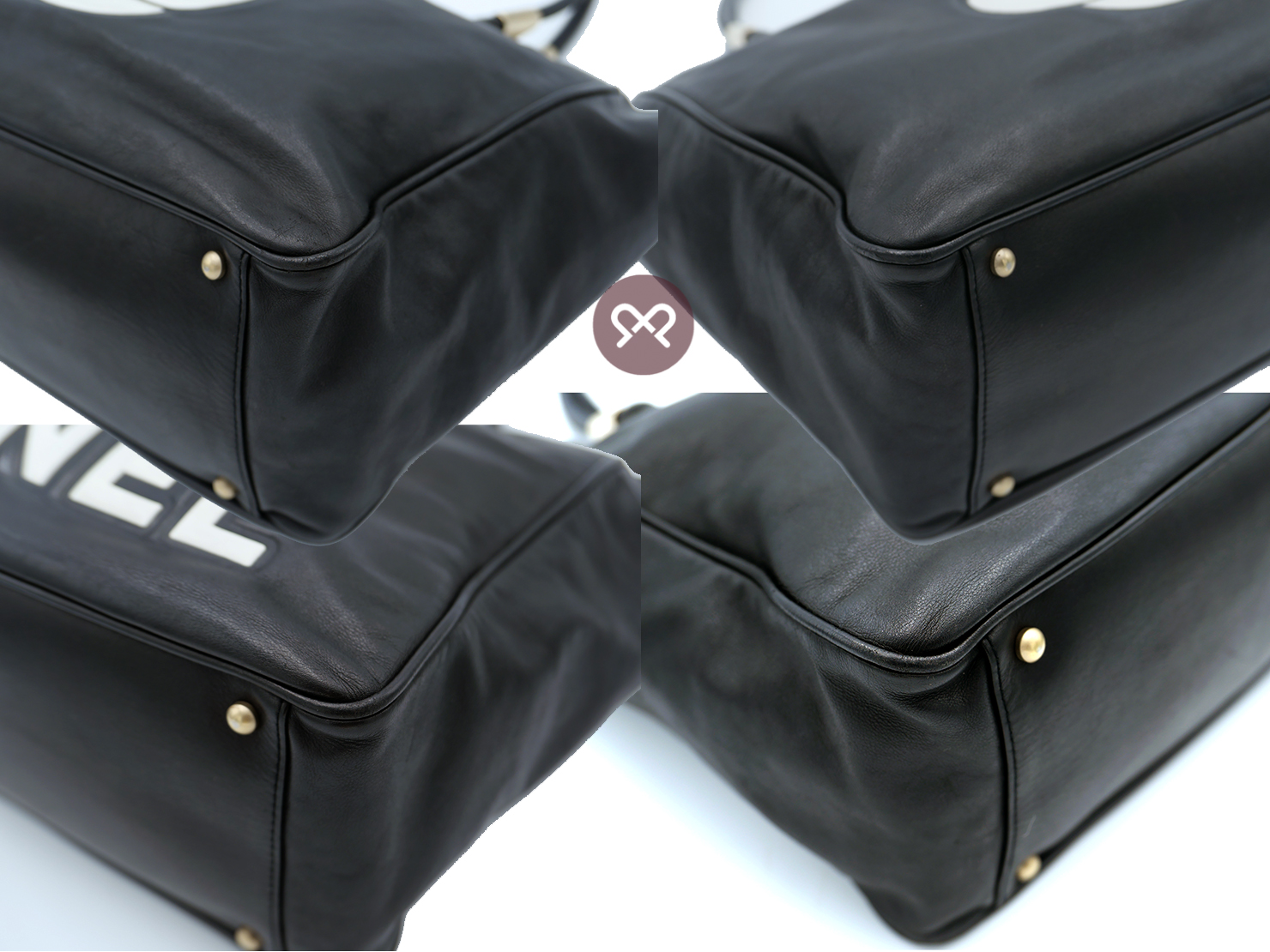 Chanel Black Lambskin CHANEL Logo/ Camellia Shopping Tote Antiqued Gold Hardware - Image 7