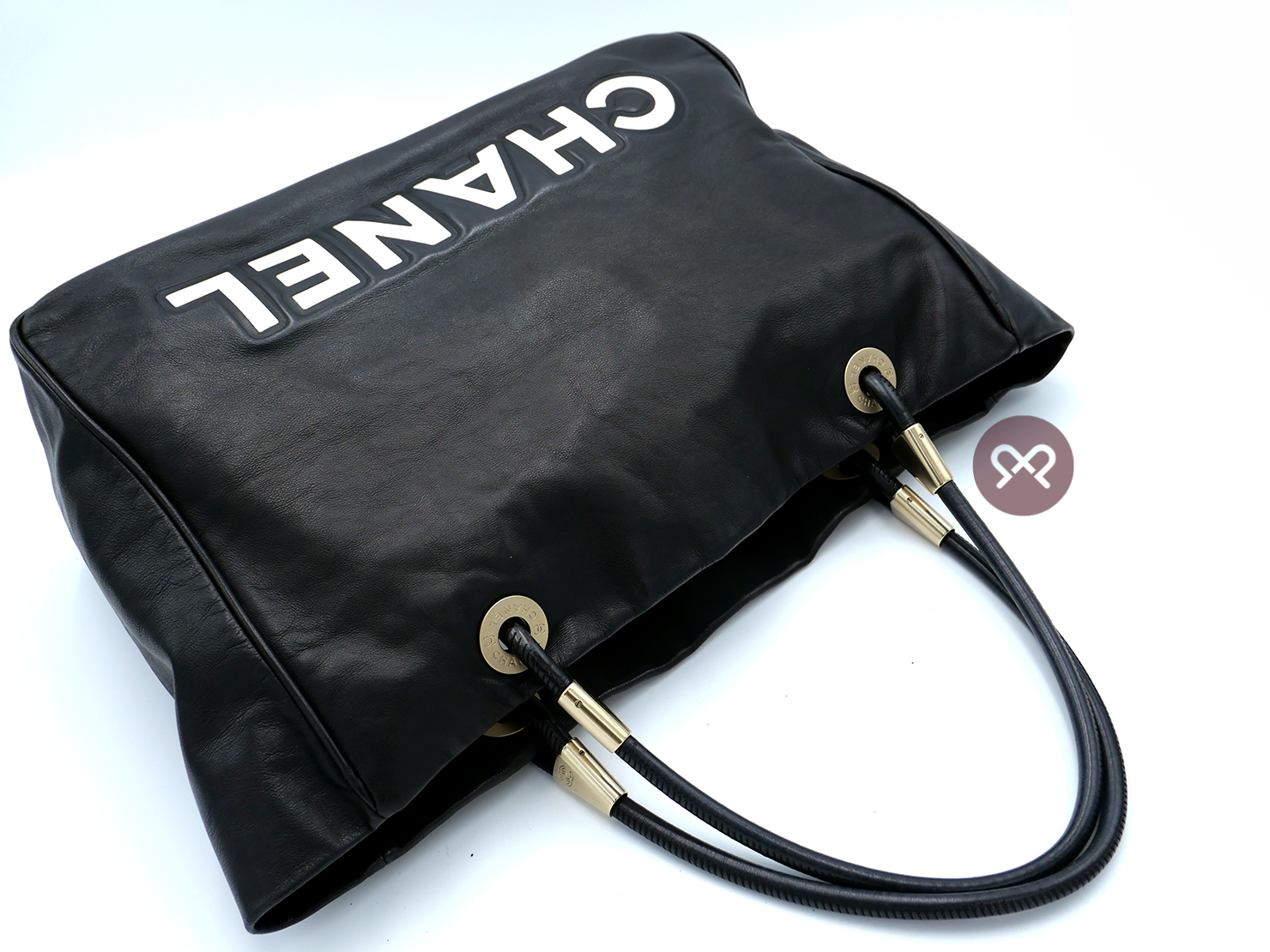 Chanel Black Lambskin CHANEL Logo/ Camellia Shopping Tote Antiqued Gold Hardware - Image 4