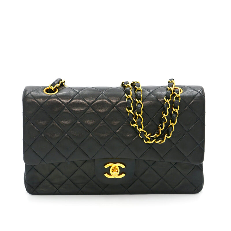 CHANEL 3401296 Vintage Black Lambskin 25cm Medium Classic Flap Bag in Gold Hardware