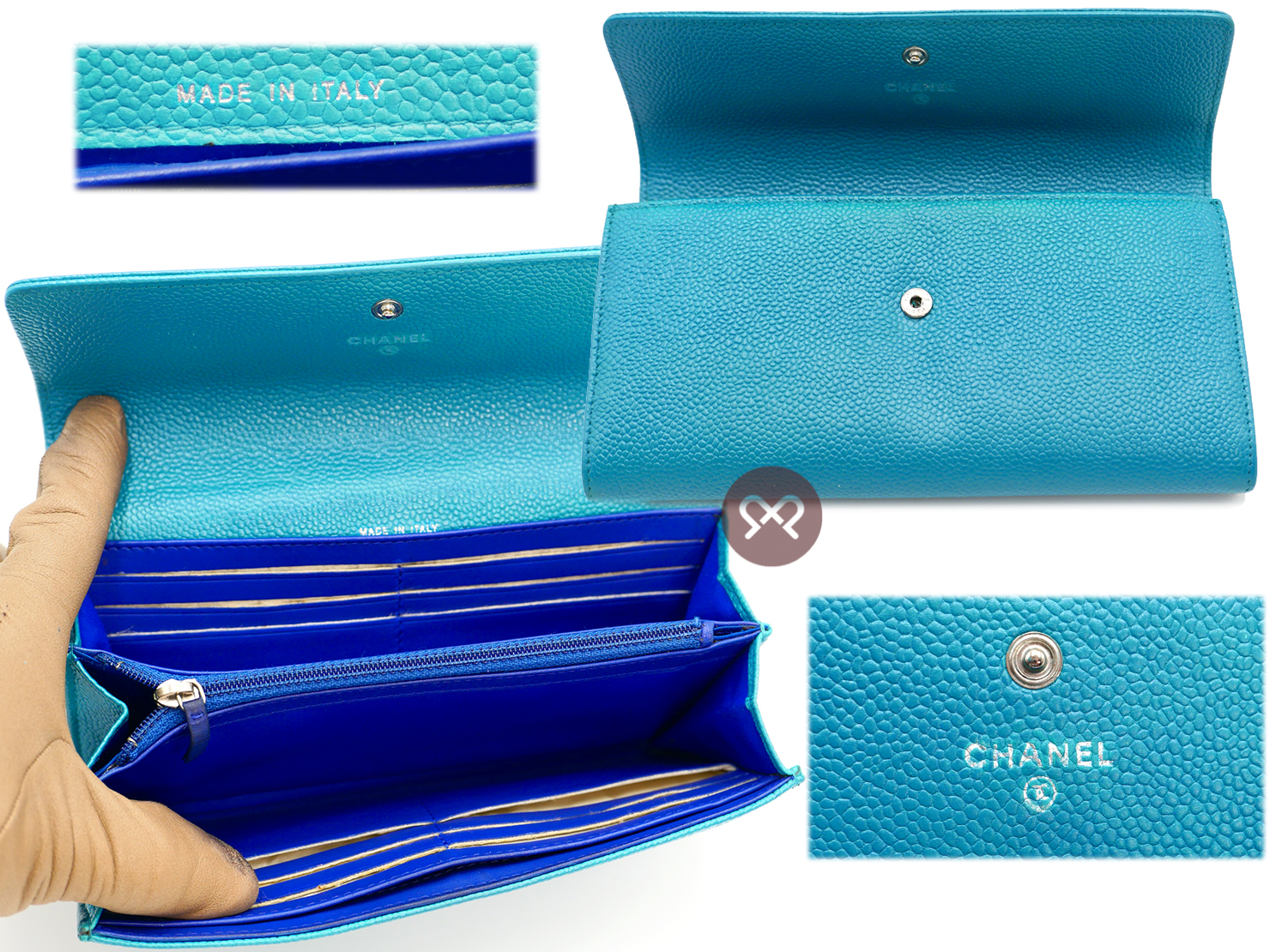 Chanel 17897000 Blue/ Turquoise Caviar Timeless Classic Signature Flap Long Wallet - Image 7
