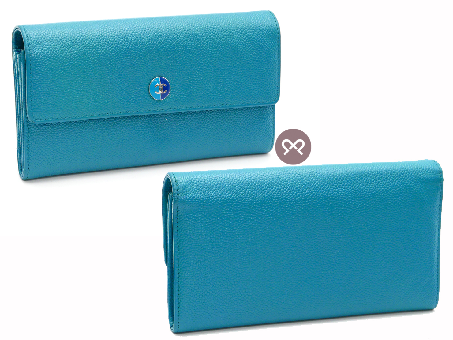 Chanel 17897000 Blue/ Turquoise Caviar Timeless Classic Signature Flap Long Wallet - Image 4