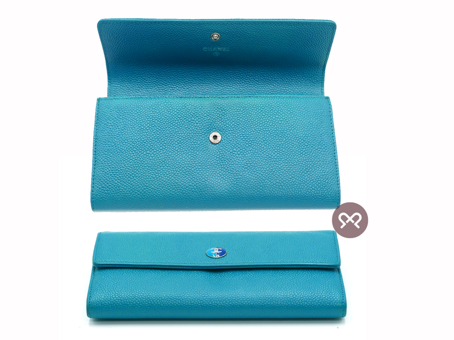 Chanel 17897000 Blue/ Turquoise Caviar Timeless Classic Signature Flap Long Wallet - Image 3