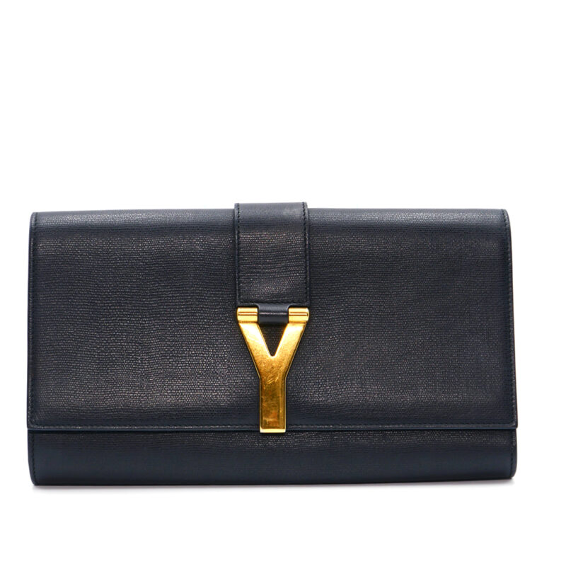 Yves Saint Laurent YSL 361120 Black Textured Leather Large Y-Ligne CHYC Clutch
