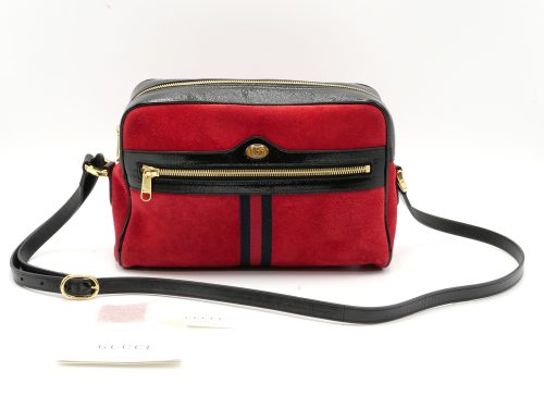 Gucci 517080 Small Ophidia Red/ Black Suede Patent Leather Web Logo Crossbody bag