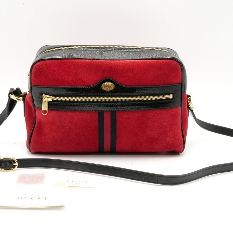 Gucci 517080 Small Ophidia Red/ Black Suede Patent Leather Web Logo Crossbody bag