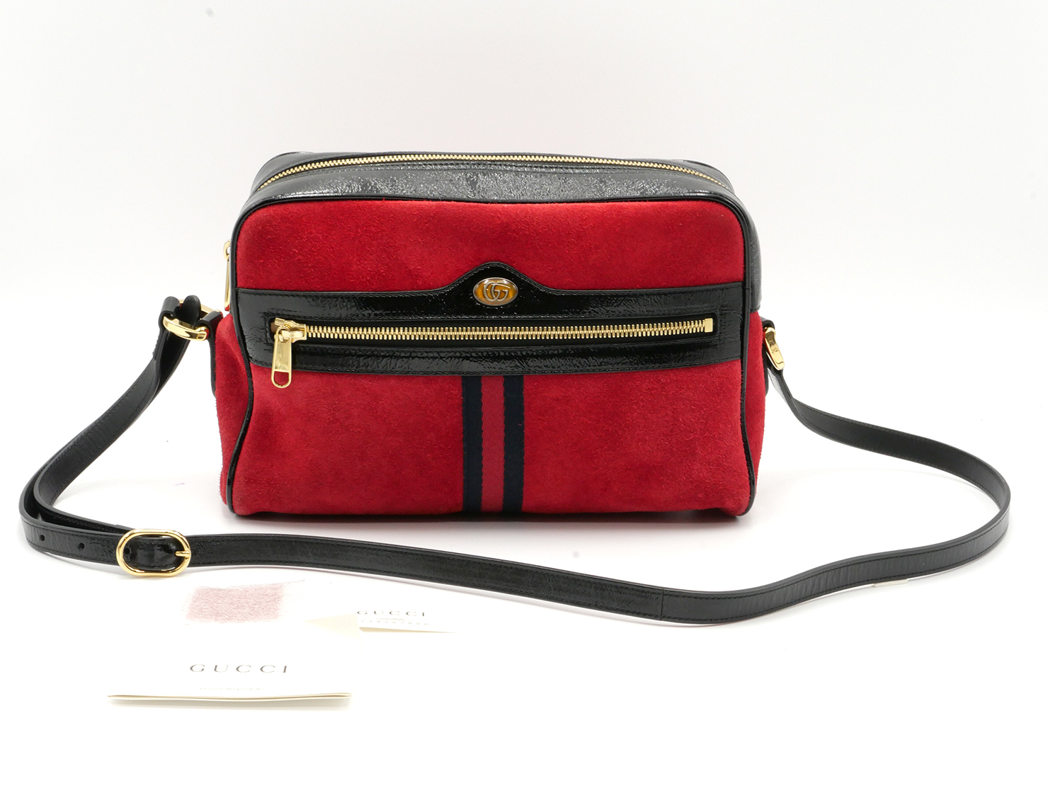 Gucci 517080 Small Ophidia Red/ Black Suede Patent Leather Web Logo Crossbody bag