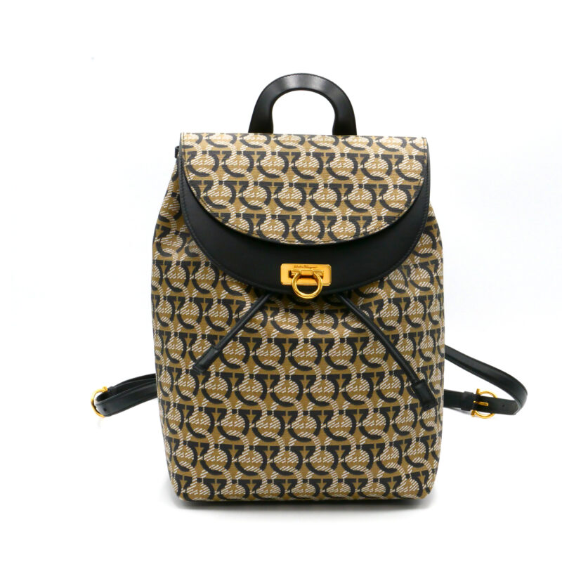 Ferragamo FZ-21-H988 Gancini Canvas Coated / Black Calf Leather Signature Backpack