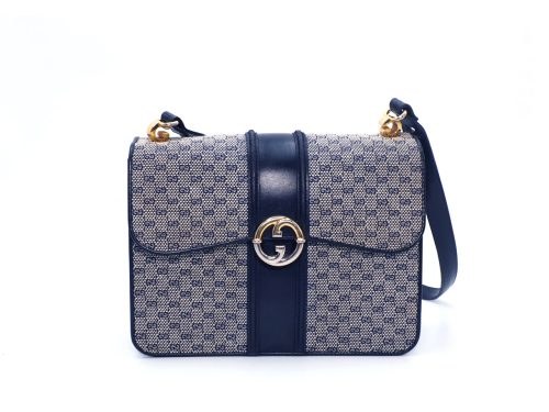 Gucci Vintage Micro GG Monogram Ophidia Monogram Navy Blue/ Calfskin Leather Flap Gold/ Silver Hardware Shoulder/ Crossbody Bag