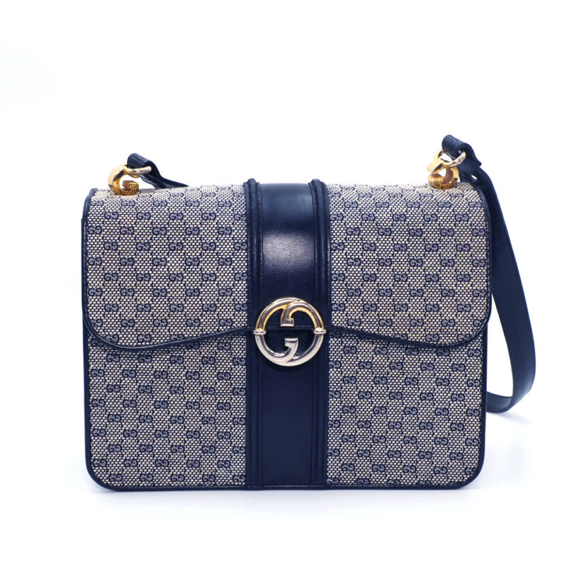 Gucci Vintage Micro GG Monogram Ophidia Monogram Navy Blue/ Calfskin Leather Flap Gold/ Silver Hardware Shoulder/ Crossbody Bag