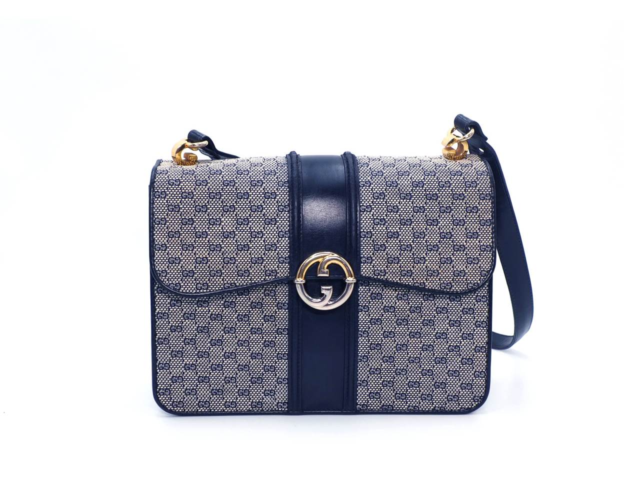 Gucci Vintage Micro GG Monogram Ophidia Monogram Navy Blue/ Calfskin Leather Flap Gold/ Silver Hardware Shoulder/ Crossbody Bag
