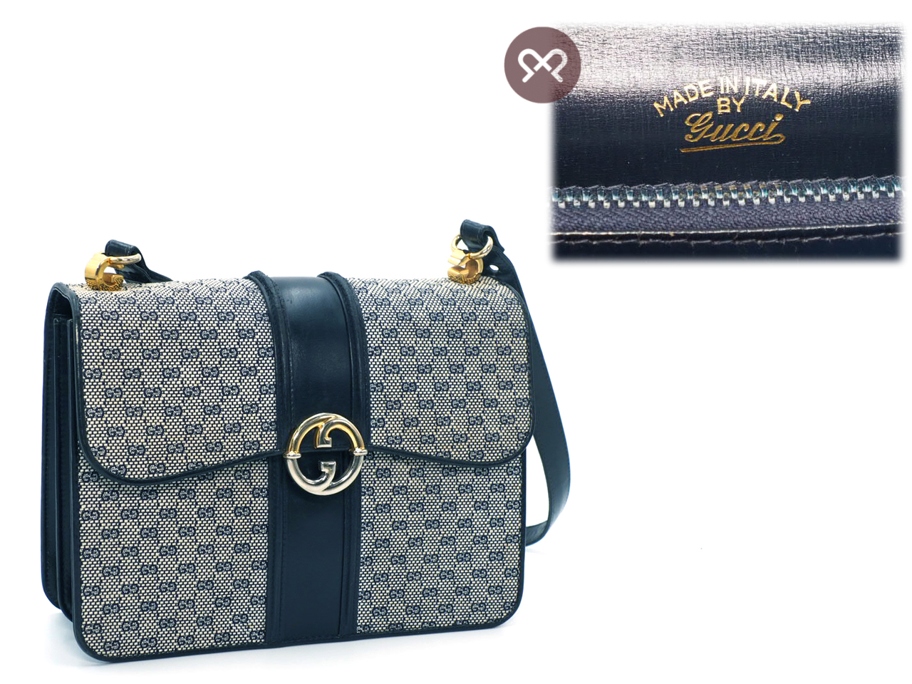 Gucci Vintage Micro GG Monogram Ophidia Monogram Navy Blue/ Calfskin Leather Flap Gold/ Silver Hardware Shoulder/ Crossbody Bag - Image 2