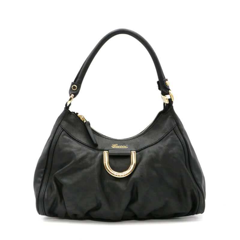 Gucci 190525 Black Calf Leather D-Ring Detail Small Hobo Bag