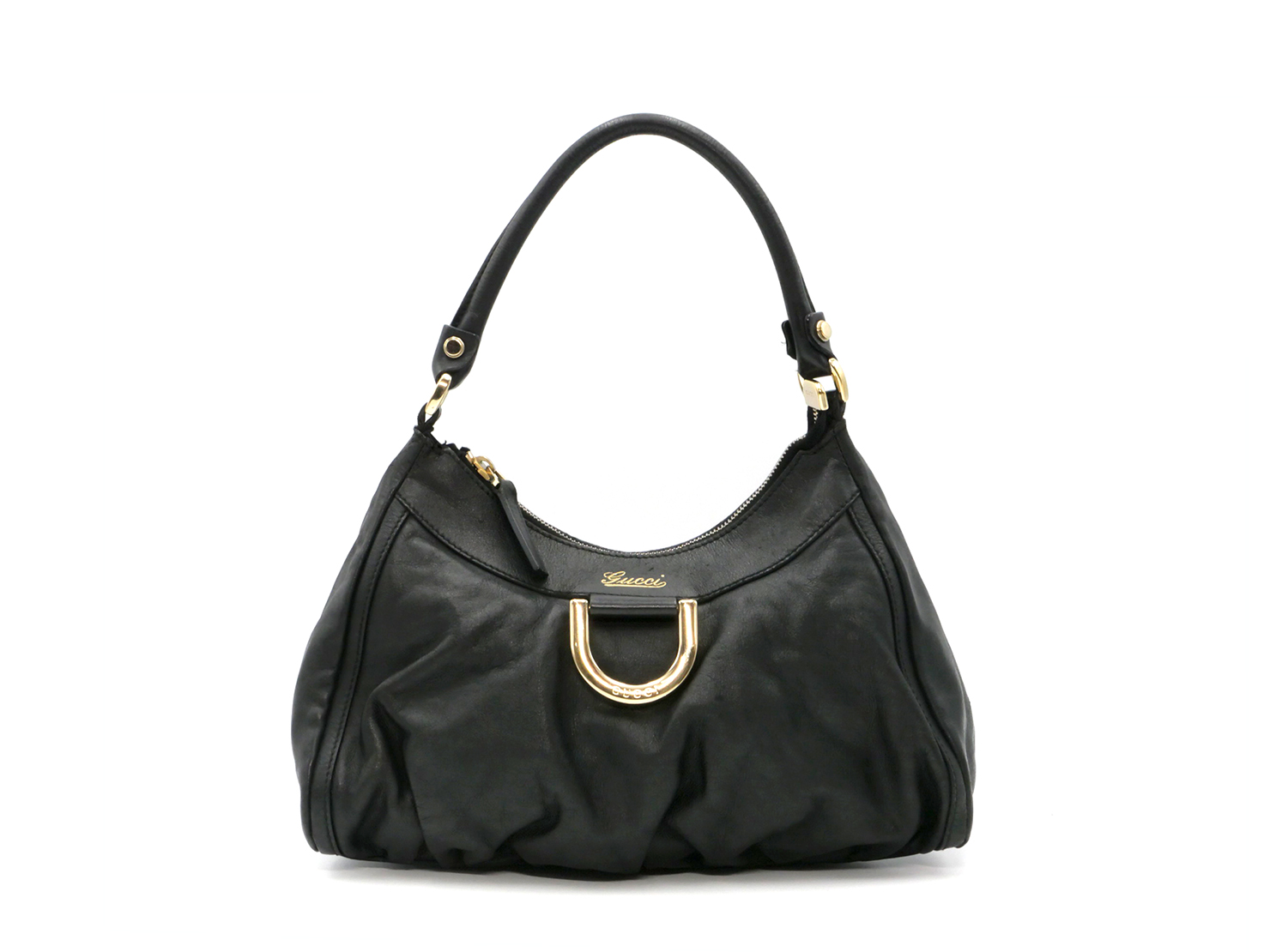 Gucci 190525 Black Calf Leather D-Ring Detail Small Hobo Bag