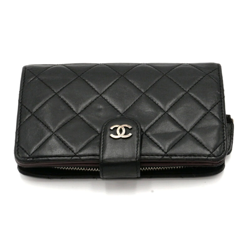Chanel A48667 Black Lambskin Quilted Leather Zip Pocket Bifold French Wallet