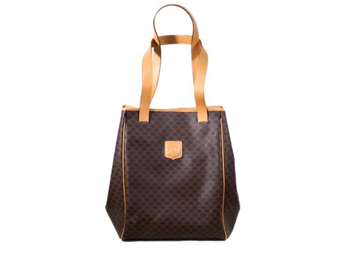 Celine Vintage Brown Macadam Coated Canvas and Leather Open Top Shopping Bag
