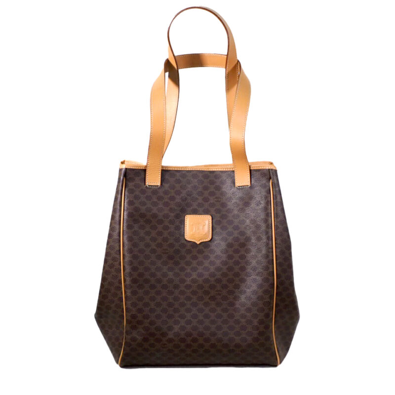 Celine Vintage Brown Macadam Coated Canvas and Leather Open Top Shopping Bag