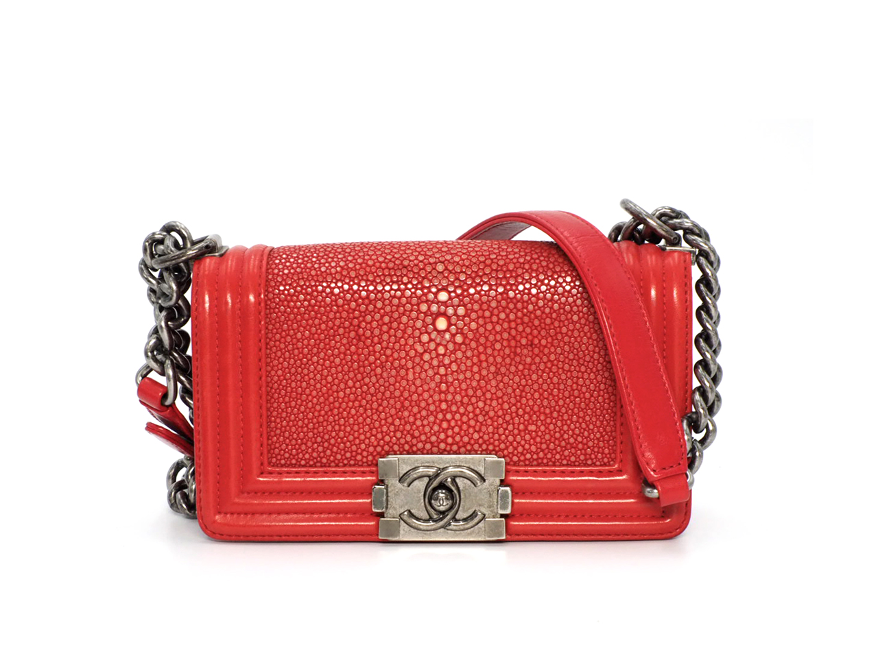Chanel 16711959 Coral Red 12A Stingray Mini Boy Bag Ruthenium Hardware