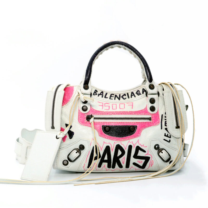 Balenciaga 300295 White Mini City Colorful Graffiti Paint Motorcycle Crossbody Bag