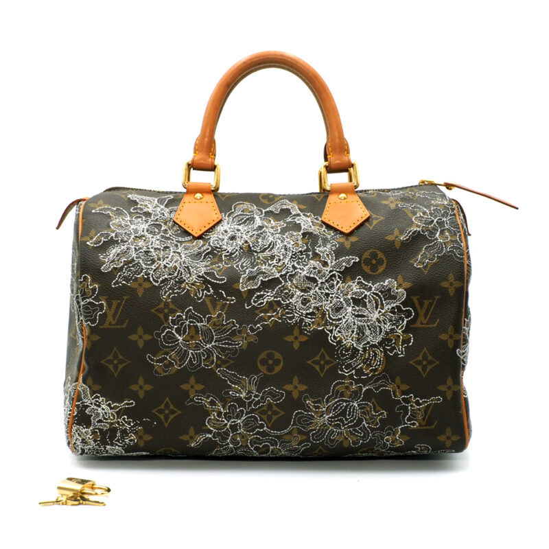 Louis Vuitton M95398 Monogram Dentelle Speedy 30 Argent Brown Silver Floral Tote (SP1007)