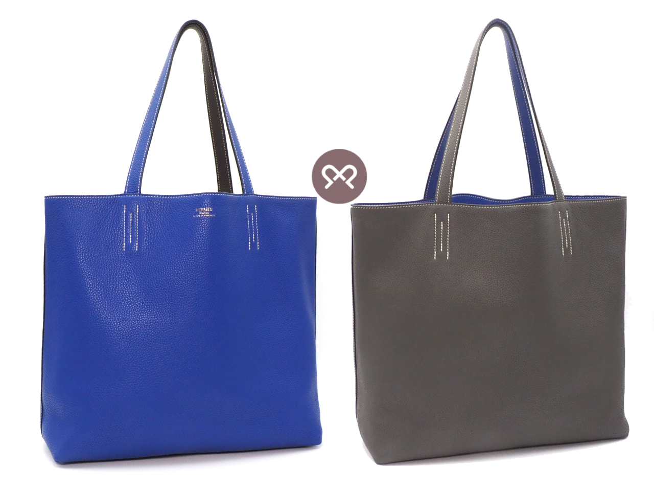HERMES Blue Electric/Graphite Taurillon Clemence Double Sens 36cm Touch Square Q Stamp Reversible Tote Bag - Image 3