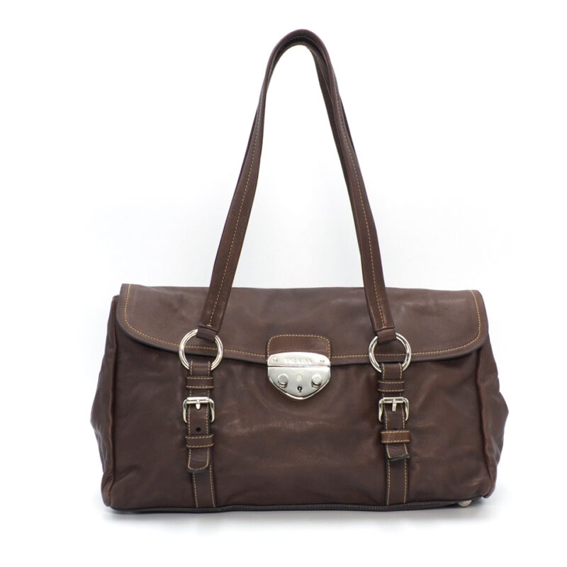 Prada BR4479 Brown/ Nocciolo Soft Calf Leather Flap Shopping Pattina with Detachable Strap