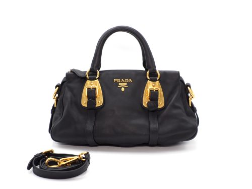 Prada BN1904 Black Soft Calf Leather Top Handle Convertible Bag