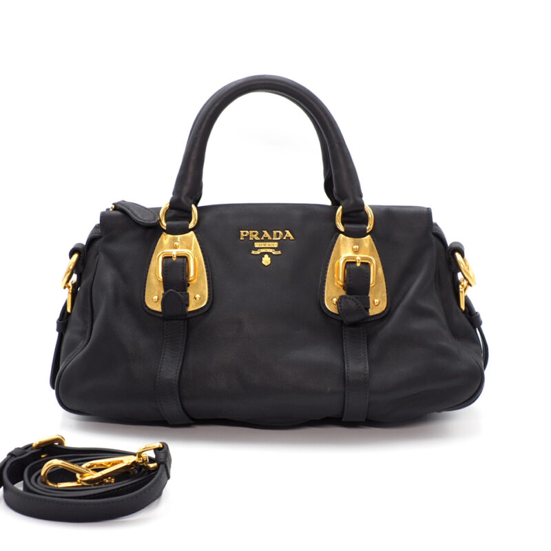 Prada BN1904 Black Soft Calf Leather Top Handle Convertible Bag