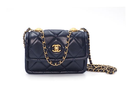 Full Set ! Chanel 30619908 Navy Blue 13cm Lambskin Quilted Nano Flap Bag with button details Gold Hardware