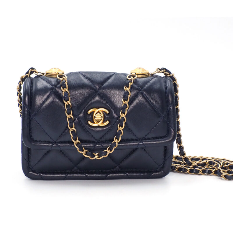 Full Set ! Chanel 30619908 Navy Blue 13cm Lambskin Quilted Nano Flap Bag with button details Gold Hardware