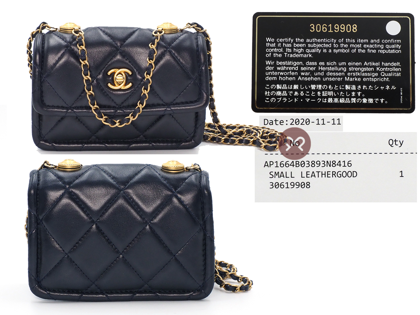 Full Set ! Chanel 30619908 Navy Blue 13cm Lambskin Quilted Nano Flap Bag with button details Gold Hardware - Image 3