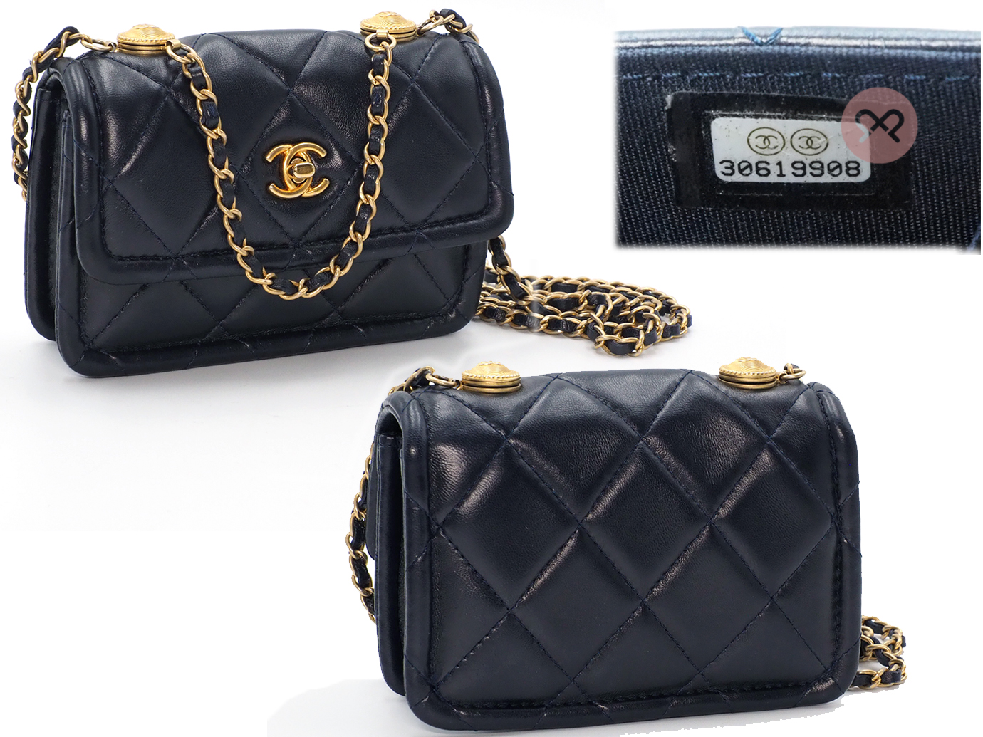 Full Set ! Chanel 30619908 Navy Blue 13cm Lambskin Quilted Nano Flap Bag with button details Gold Hardware - Image 4
