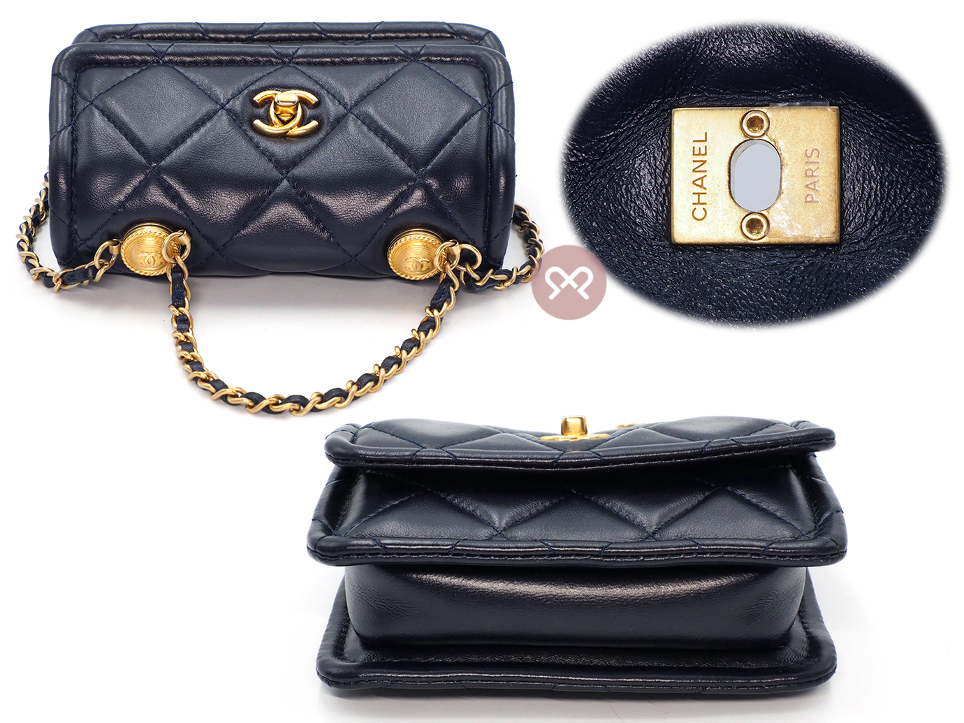 Full Set ! Chanel 30619908 Navy Blue 13cm Lambskin Quilted Nano Flap Bag with button details Gold Hardware - Image 5