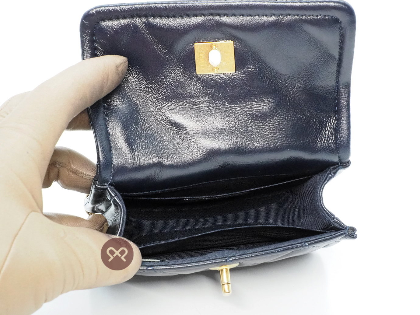 Full Set ! Chanel 30619908 Navy Blue 13cm Lambskin Quilted Nano Flap Bag with button details Gold Hardware - Image 6