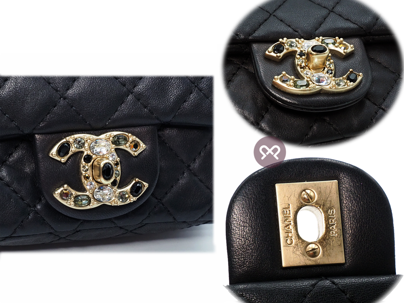 Chanel 14674323 Black Distressed Lambskin Quilted Precious Jewel Flap 14cm Crystal CC Chain Crossbody Bag Mat Gold Hardware - Image 6