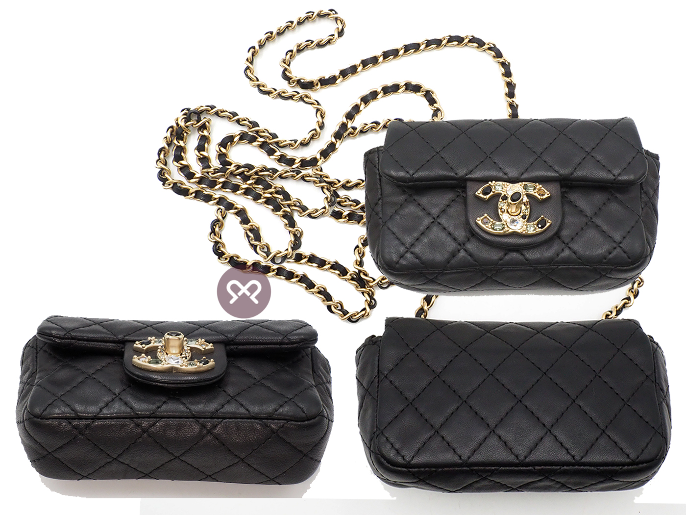 Chanel 14674323 Black Distressed Lambskin Quilted Precious Jewel Flap 14cm Crystal CC Chain Crossbody Bag Mat Gold Hardware - Image 3
